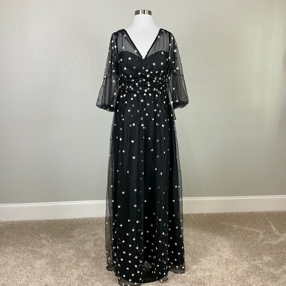 Adrianna Papell Glitter Dot Fit and Flare Evening Gown Black/Gold Size 6 Dress - Picture 2 of 12